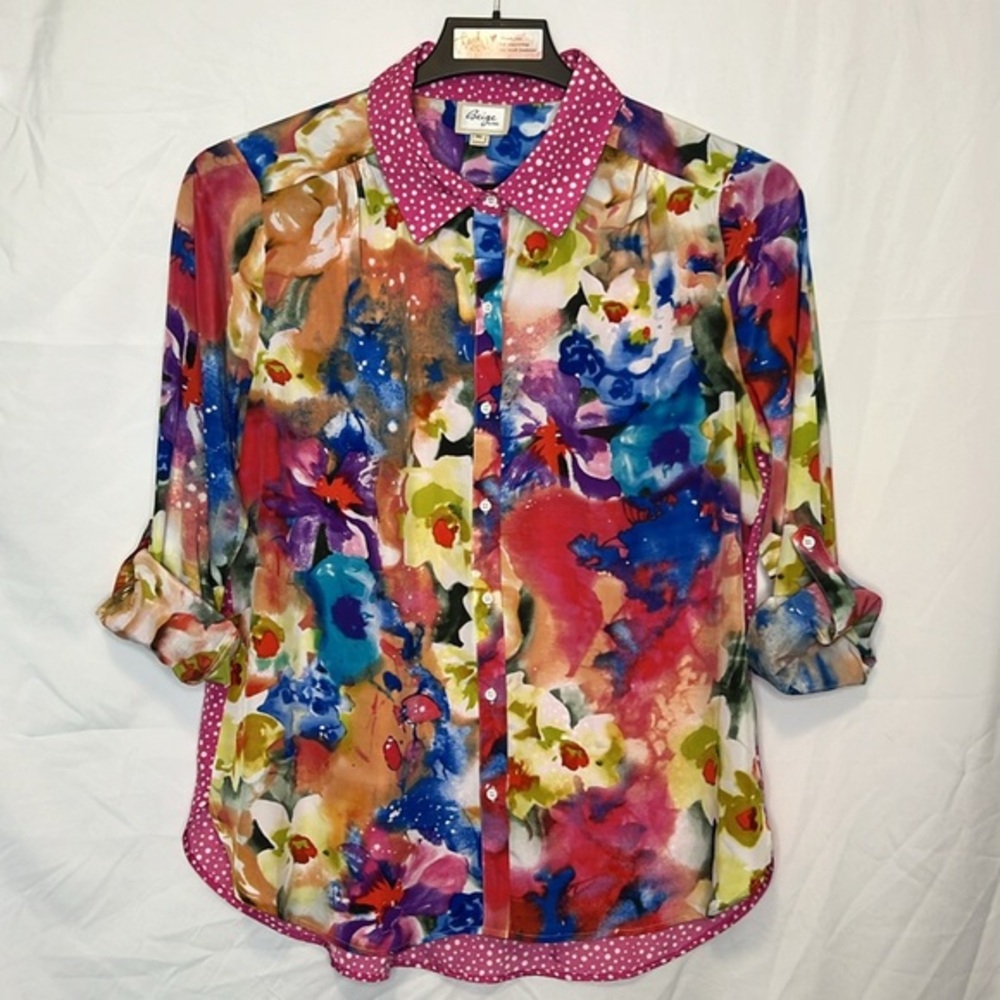 Beige by eci Women’s Size XL Floral and Polka Dot Long‎ Sleeve Blouse - Colorful